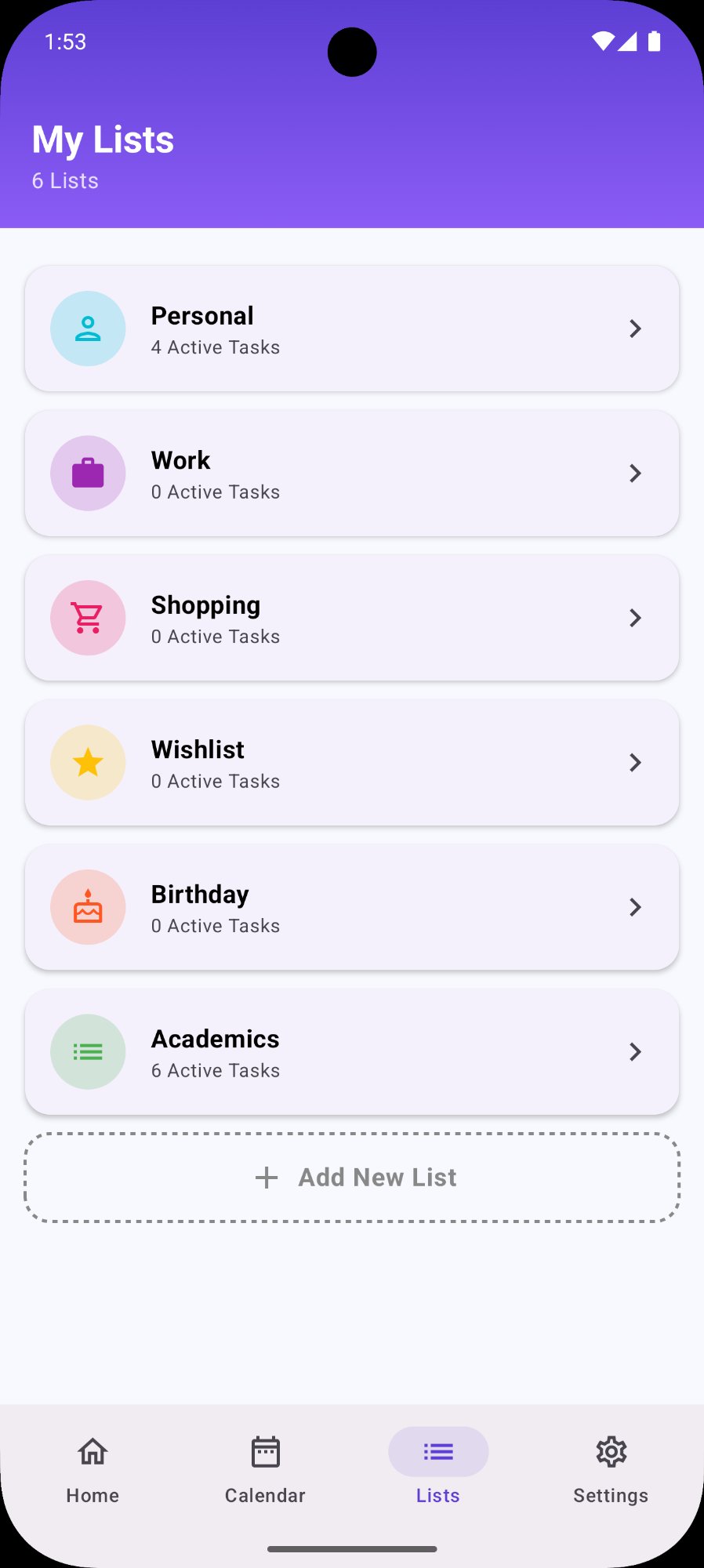 My Lists categories